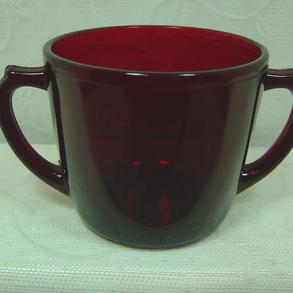 Vintage red glass sugar bowl with handles-3" tall